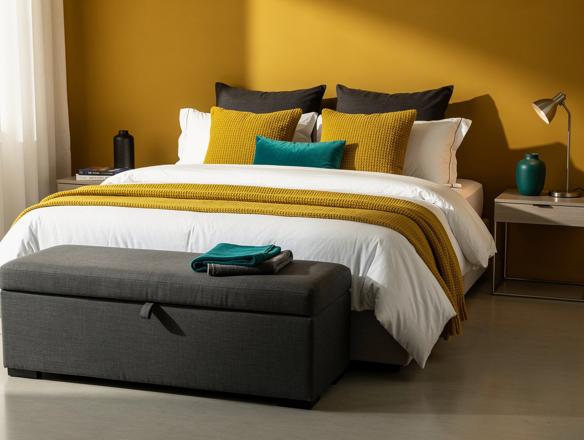 Medium-angle photo of a calm bedroom with a long linen storage ottoman at the fo