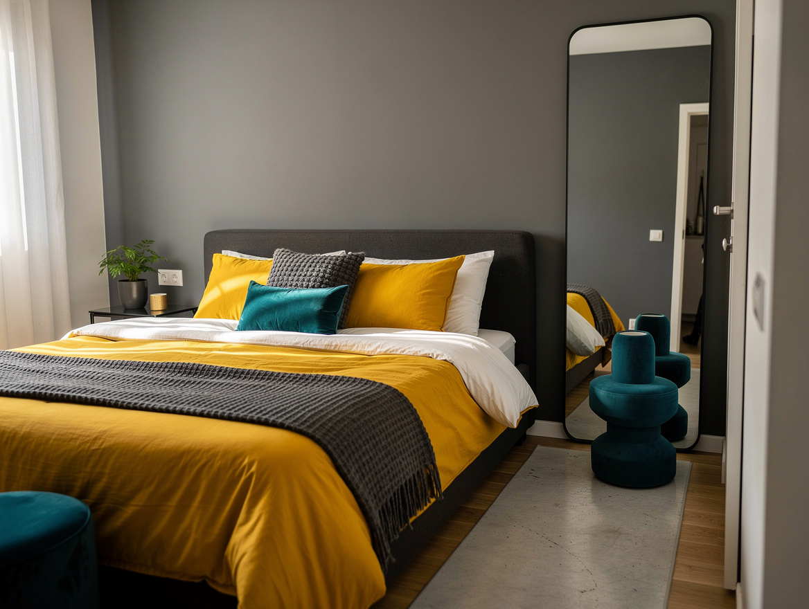 Medium-angle photo of a compact bedroom with bed along the long wall and a verti