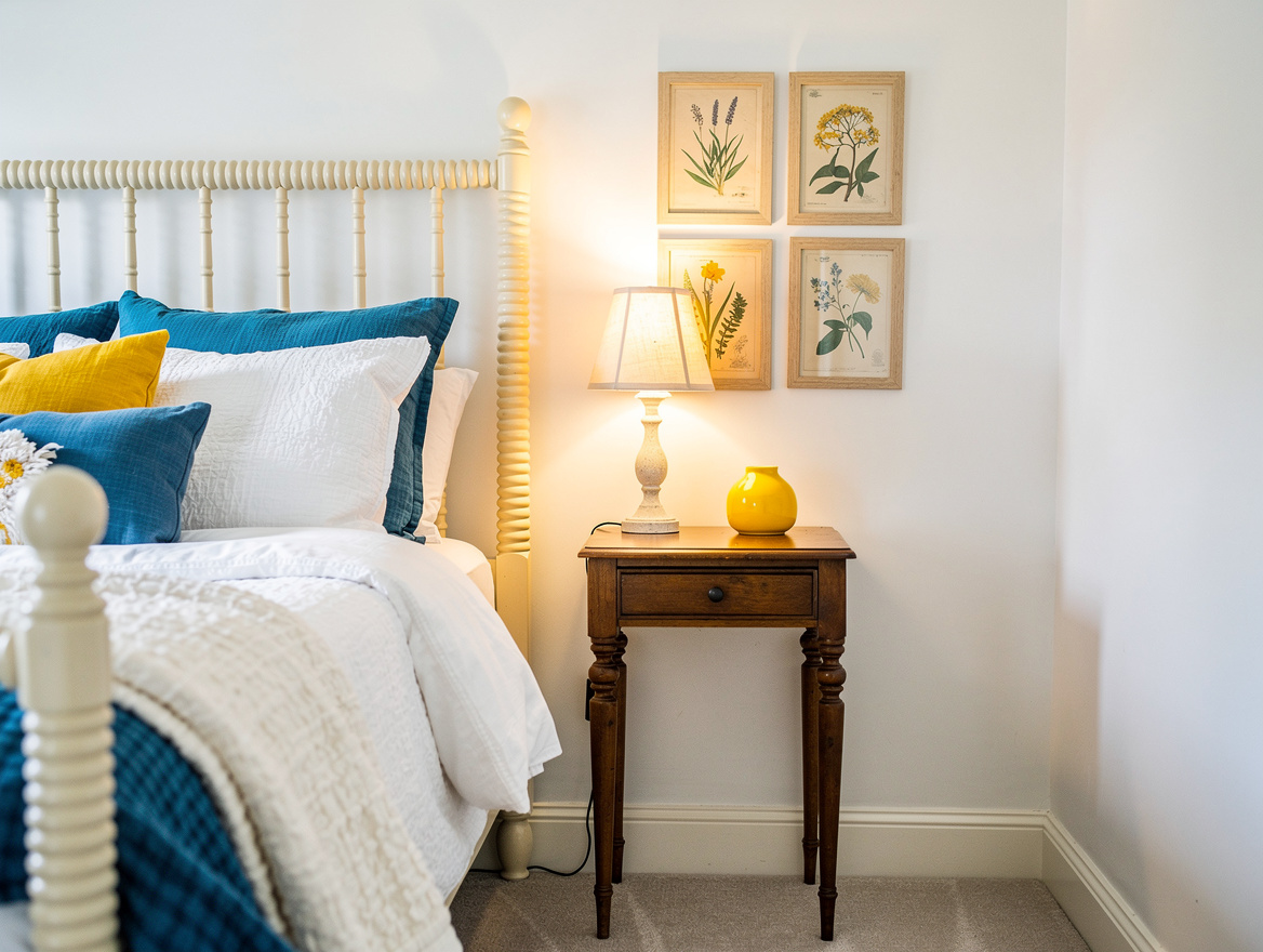 Medium editorial photo of a cottagecore bedroom corner with a cream spindle bed,