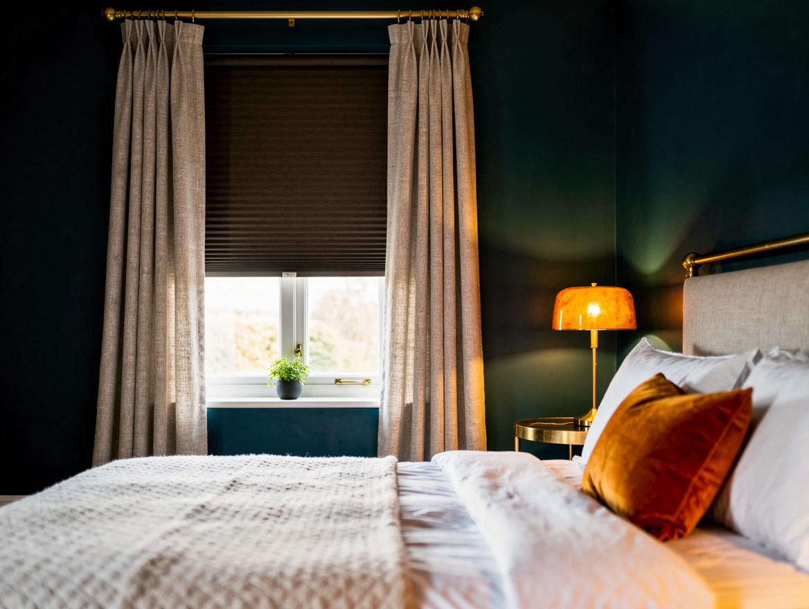 Medium interior photo of a guest bedroom window with a mushroom blackout cellula