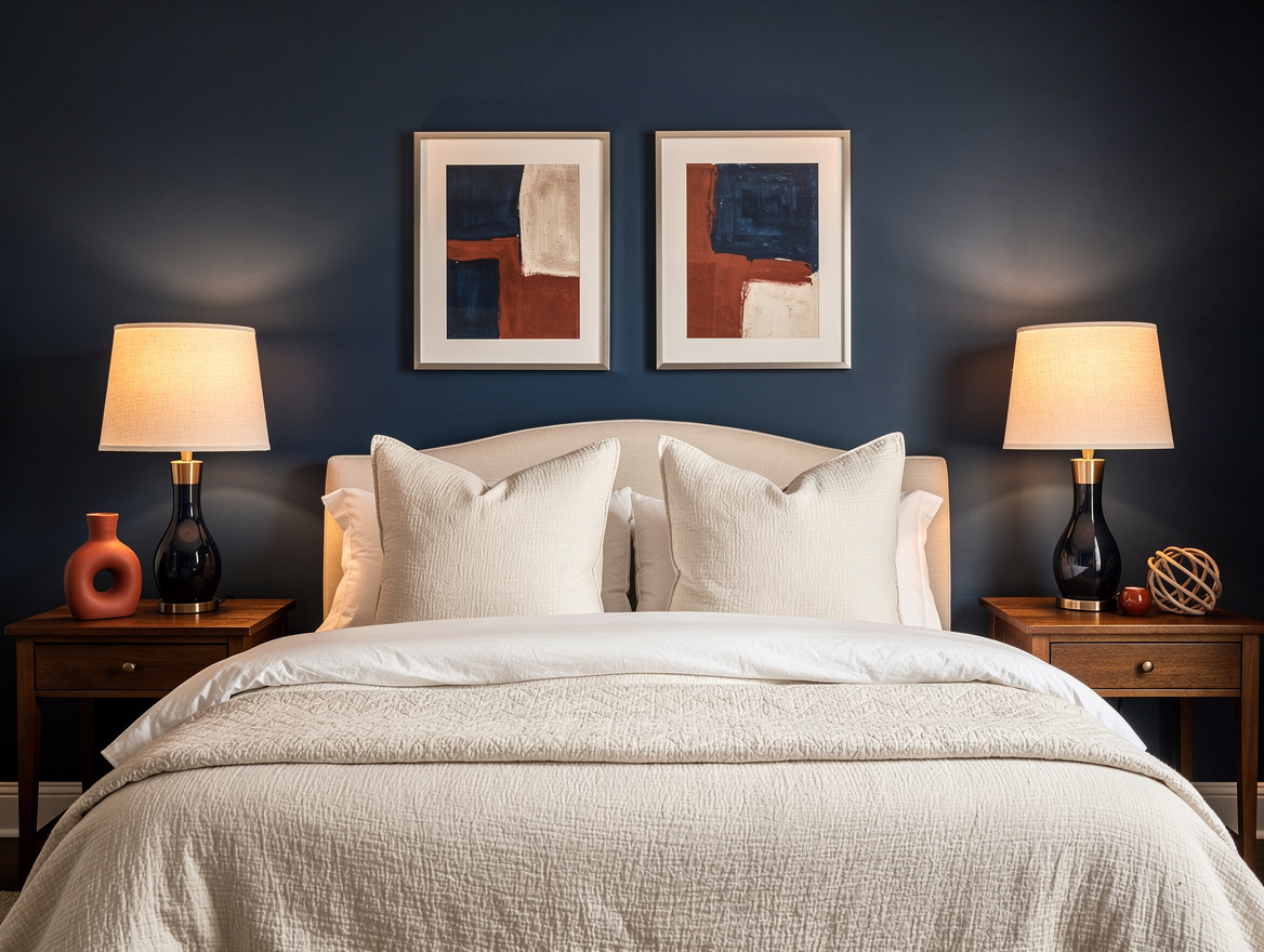 Medium shot of a traditional bedroom with two fabric-shade rechargeable lamps on