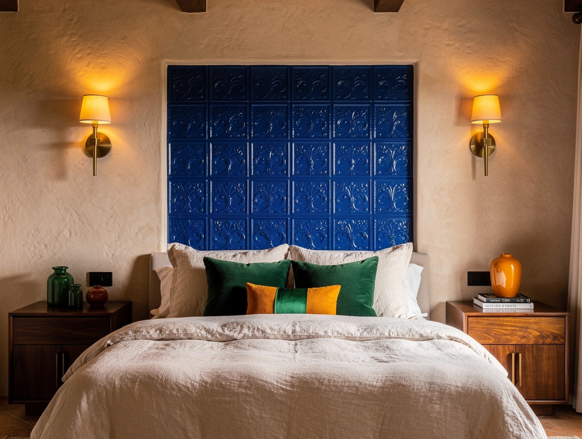 Medium view of a Spanish Revival bedroom with a cobalt relief-tile headboard pan