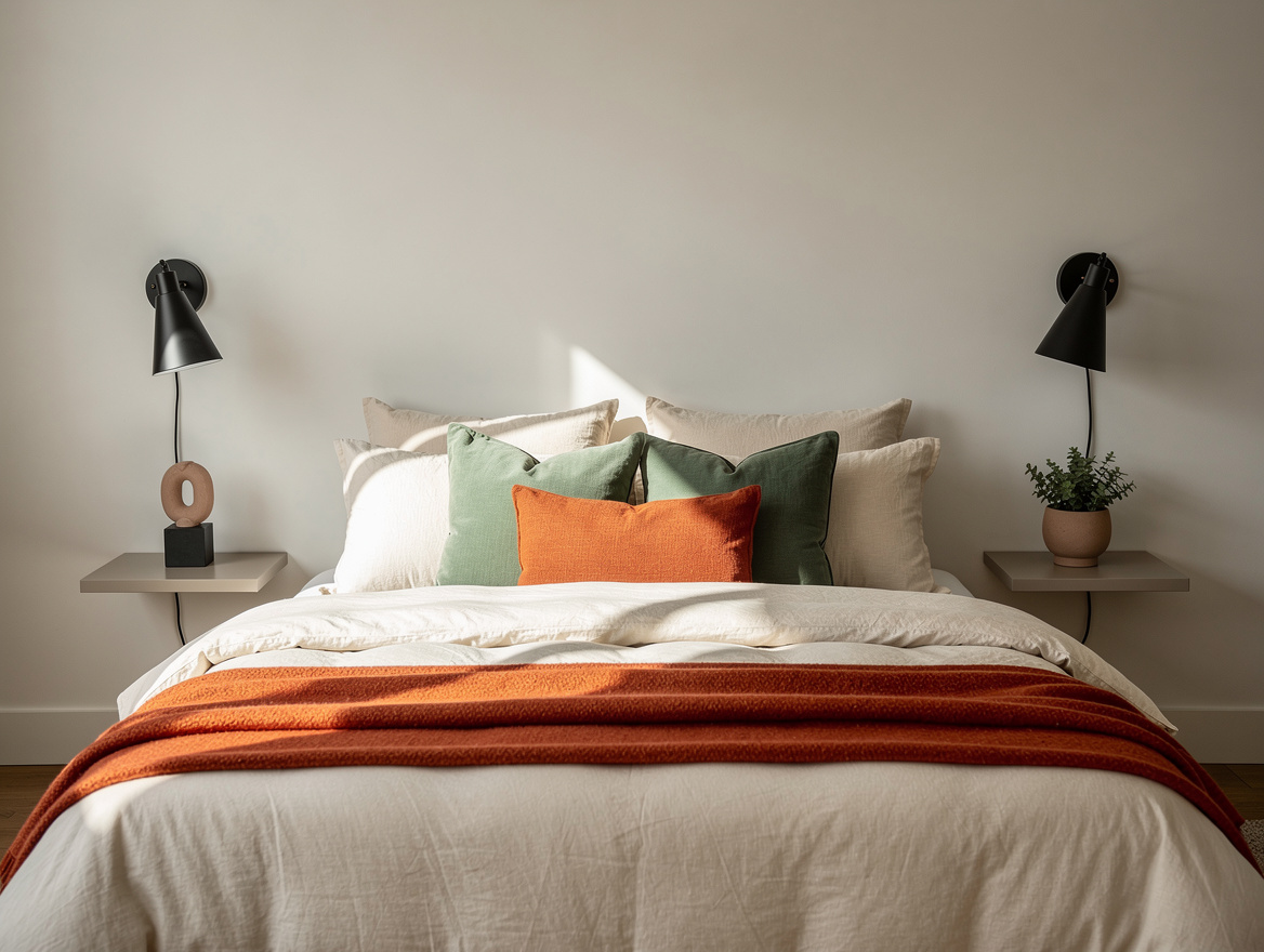 Medium-view editorial bedroom photograph with a centered bed, two identical matt