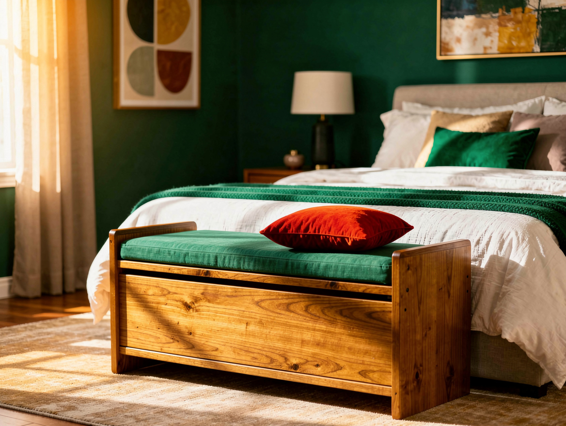Medium-shot editorial photo of a wood storage bench hamper at the foot of a neat