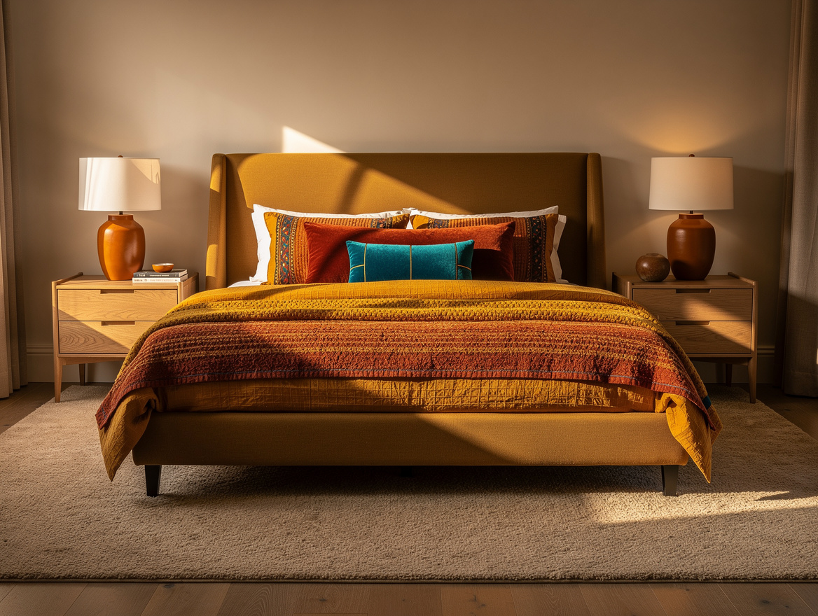 Realistic medium view of a queen bedroom with camel headboard, rust lumbar pillo