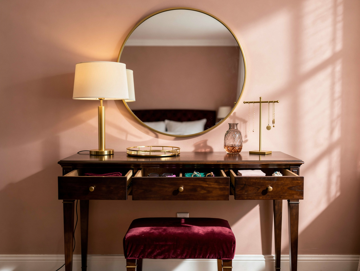 Medium shot of a bedroom dresser vanity with centered round mirror, upholstered