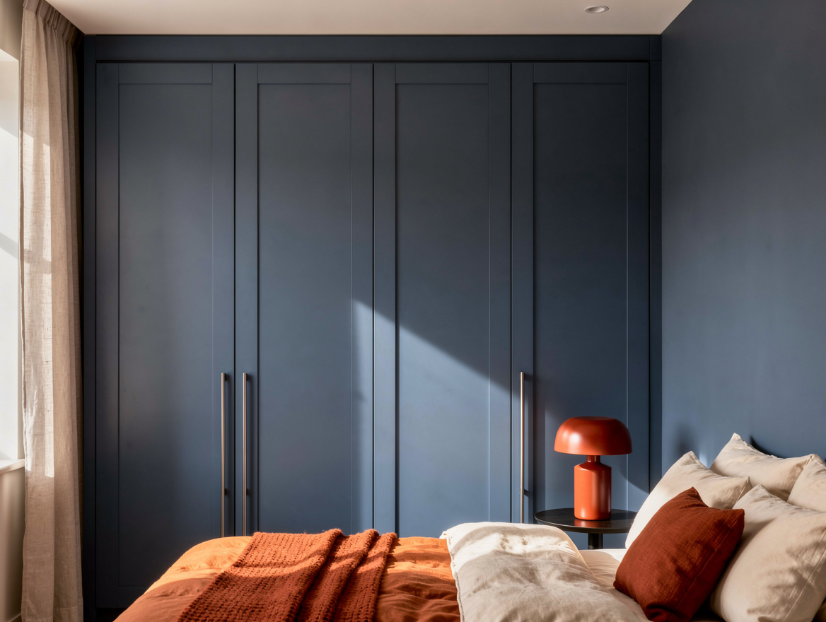 Realistic medium-shot editorial photo of a narrow bedroom wall with shallow IKEA