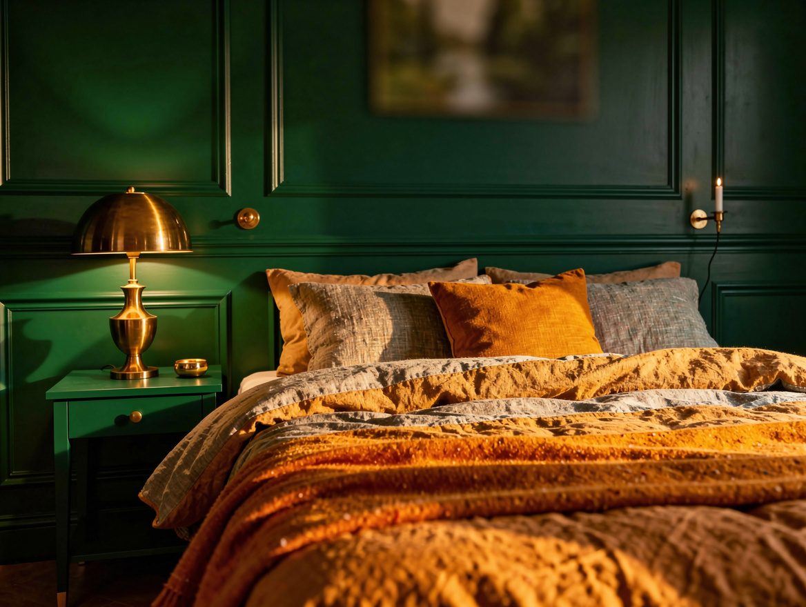 Medium interior photo of a deep forest-green color-drenched bedroom with matchin