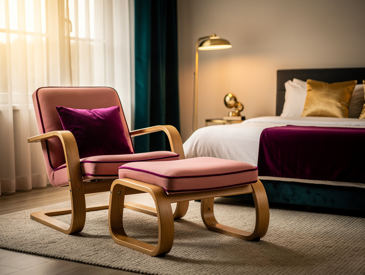 Realistic medium-view photo of a couples bedroom with one IKEA-style bentwood lo
