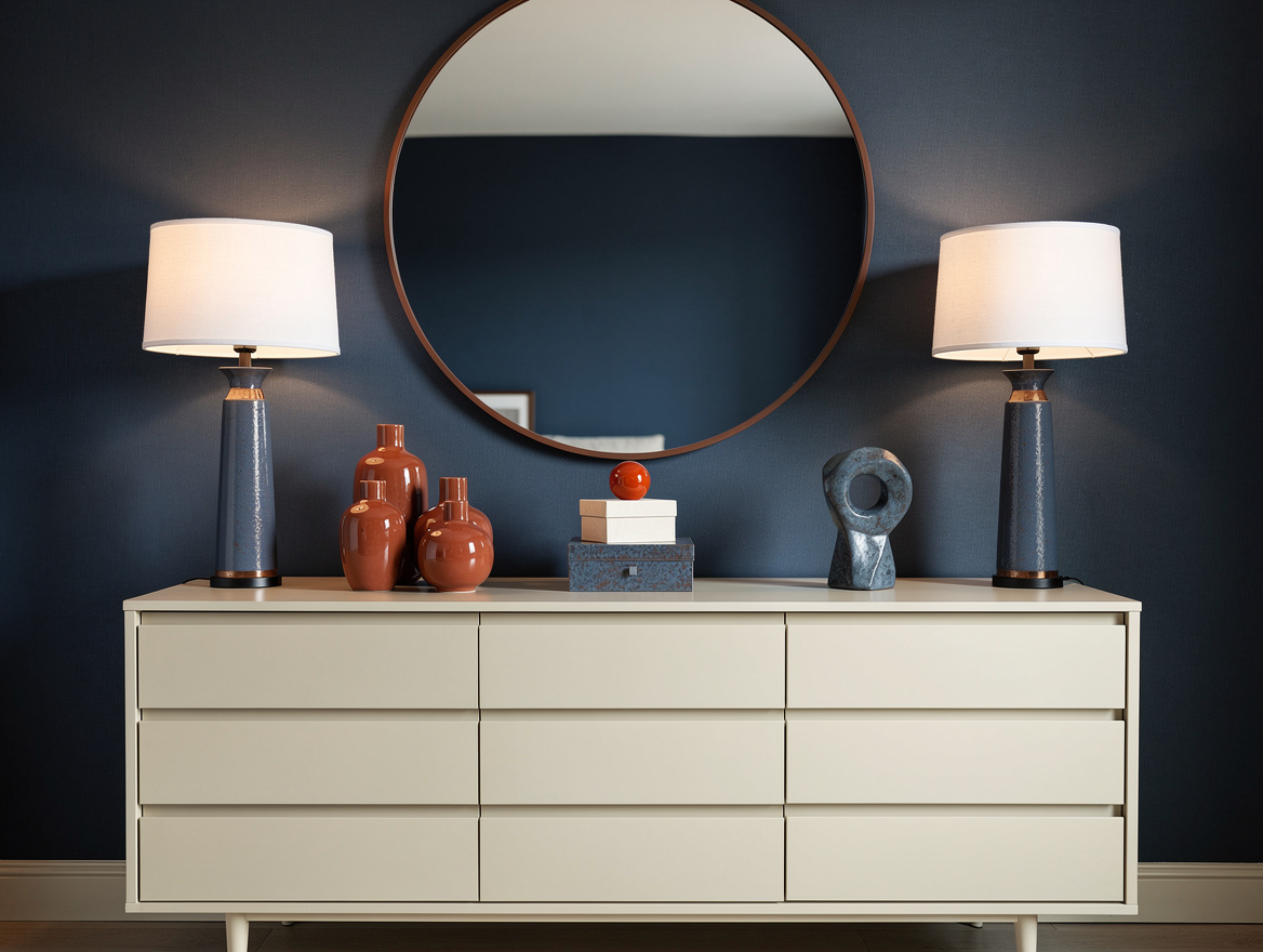 Realistic medium shot of a wide bedroom dresser with matching white-shade table