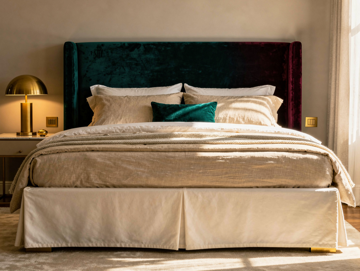 Medium-angle editorial bedroom photograph of a structured matte ivory cotton bed
