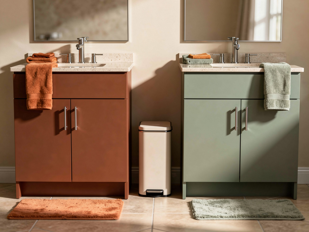 Medium editorial photo of two 30-inch bathroom vanities separated by a narrow ne