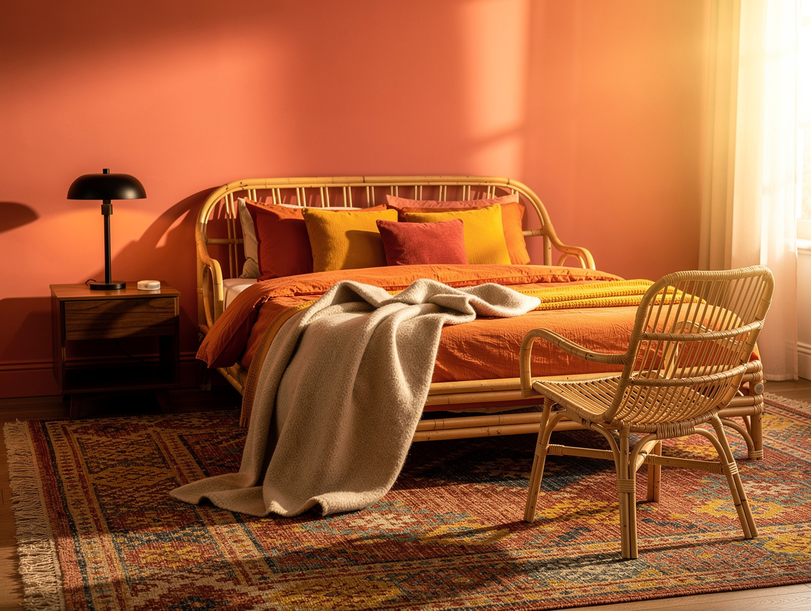 Medium shot of a coral bedroom with rattan furniture, walnut nightstand, black m