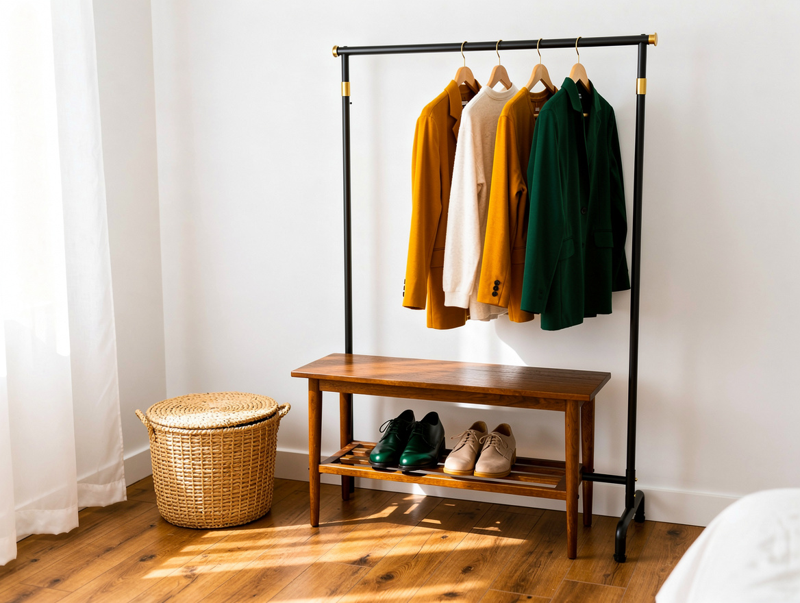 Medium-view photograph of a compact bedroom corner with a slim steel clothing ra