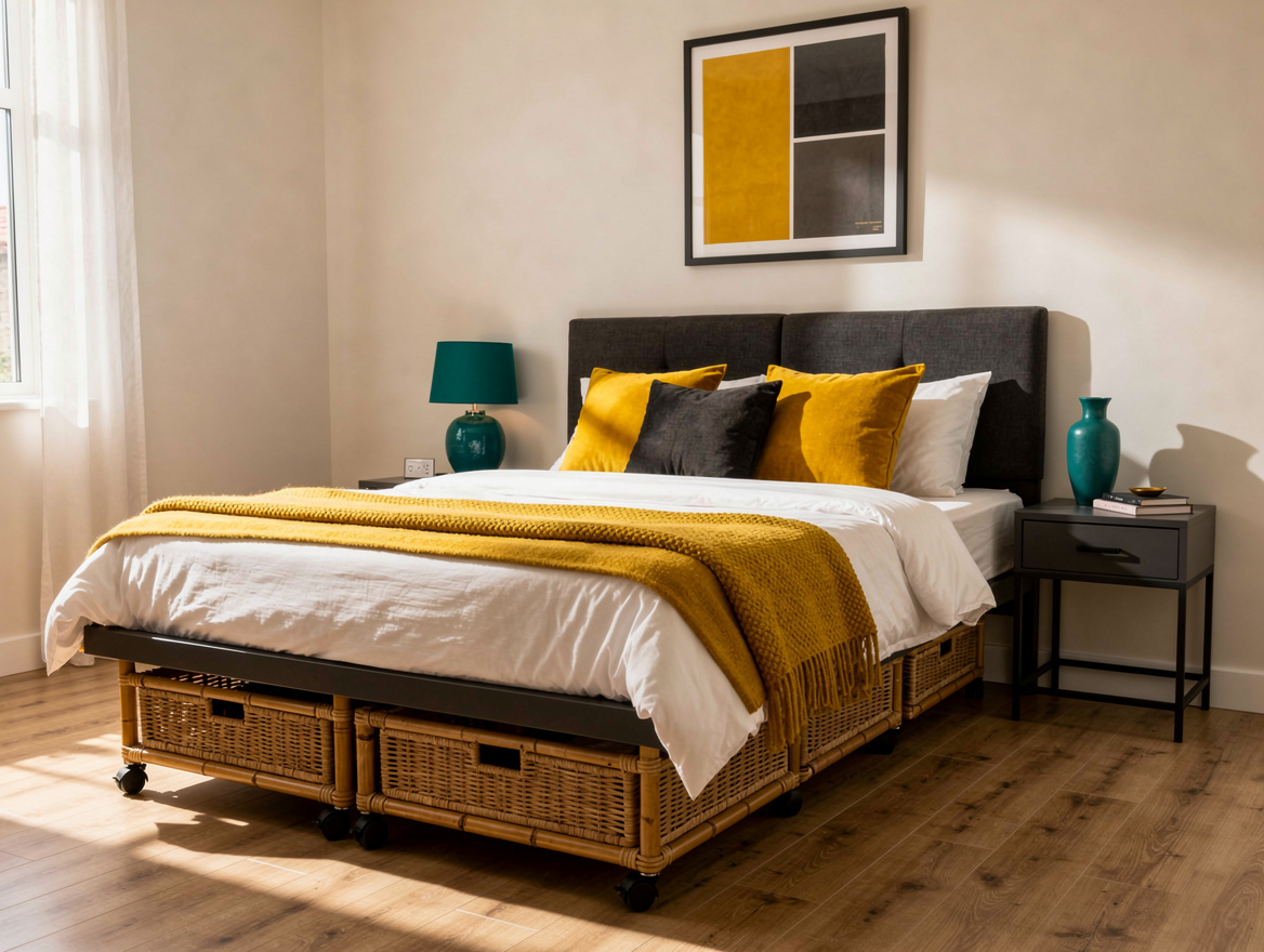 Medium shot of a small rental bedroom with a low platform bed and bamboo wheeled