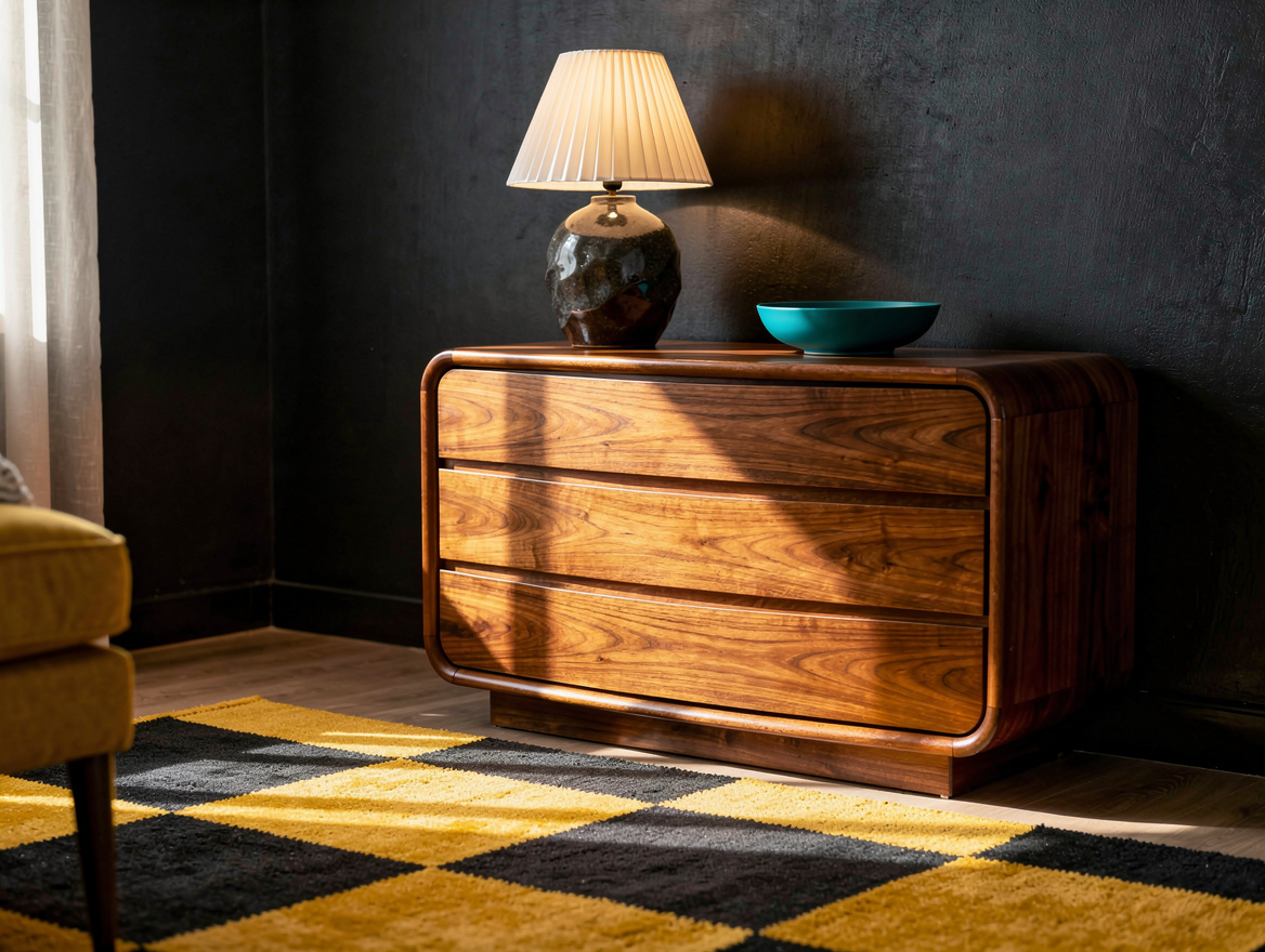 Realistic medium shot of a retro bedroom corner with a walnut curved-front dress