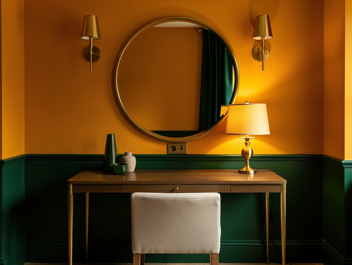 Medium shot of a compact bedroom vanity with a 30-inch mirror, twin wall sconces