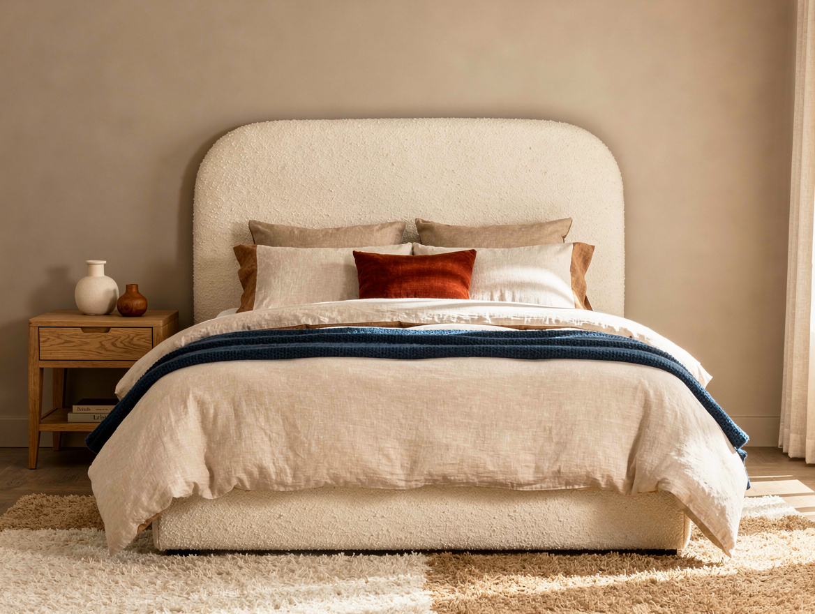 Medium view of a warm ivory bedroom with rounded boucle headboard, honey oak nig