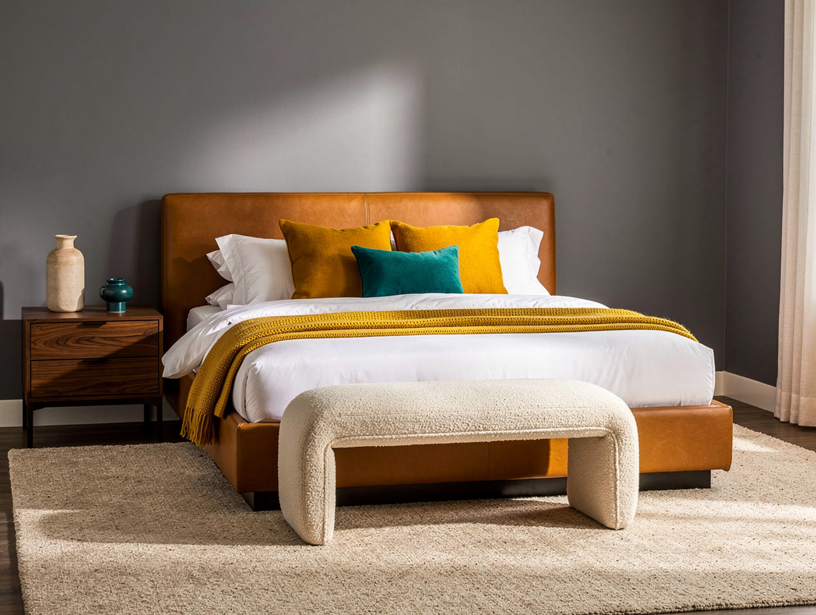 Medium-angle editorial bedroom photo with gray walls, caramel leather bed, walnu