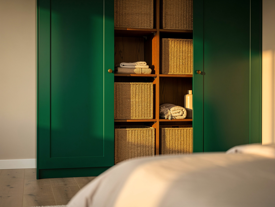 Medium view of a bedroom wardrobe with open cubbies filled by identical natural-