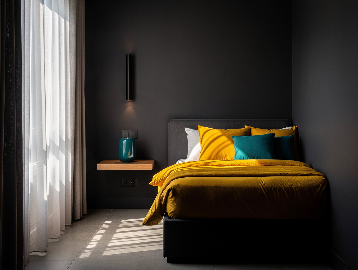 Medium-angle realistic photo of a narrow bedroom with a queen bed pushed to one