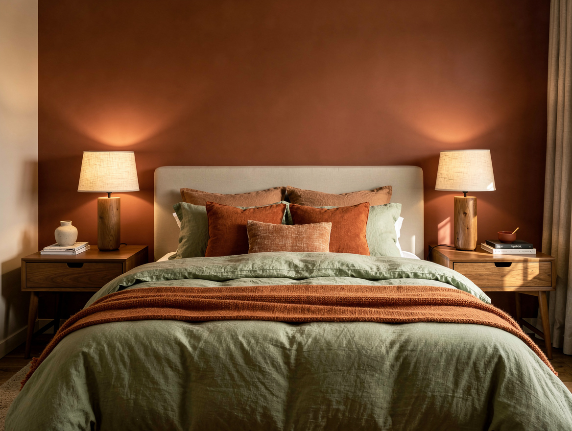 Realistic medium shot of a modern bedroom with matching warm bedside lamps, line