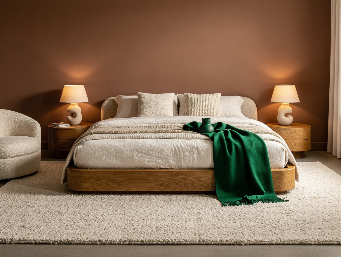 Realistic medium-wide organic modern bedroom, low warm oak bed, rounded nightsta