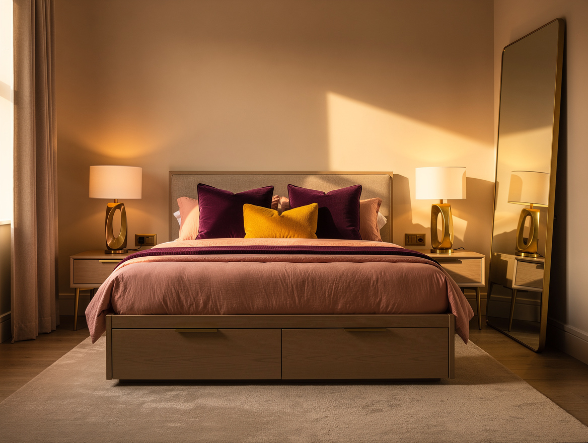Medium editorial photo of a compact bedroom with a storage platform bed, two bed