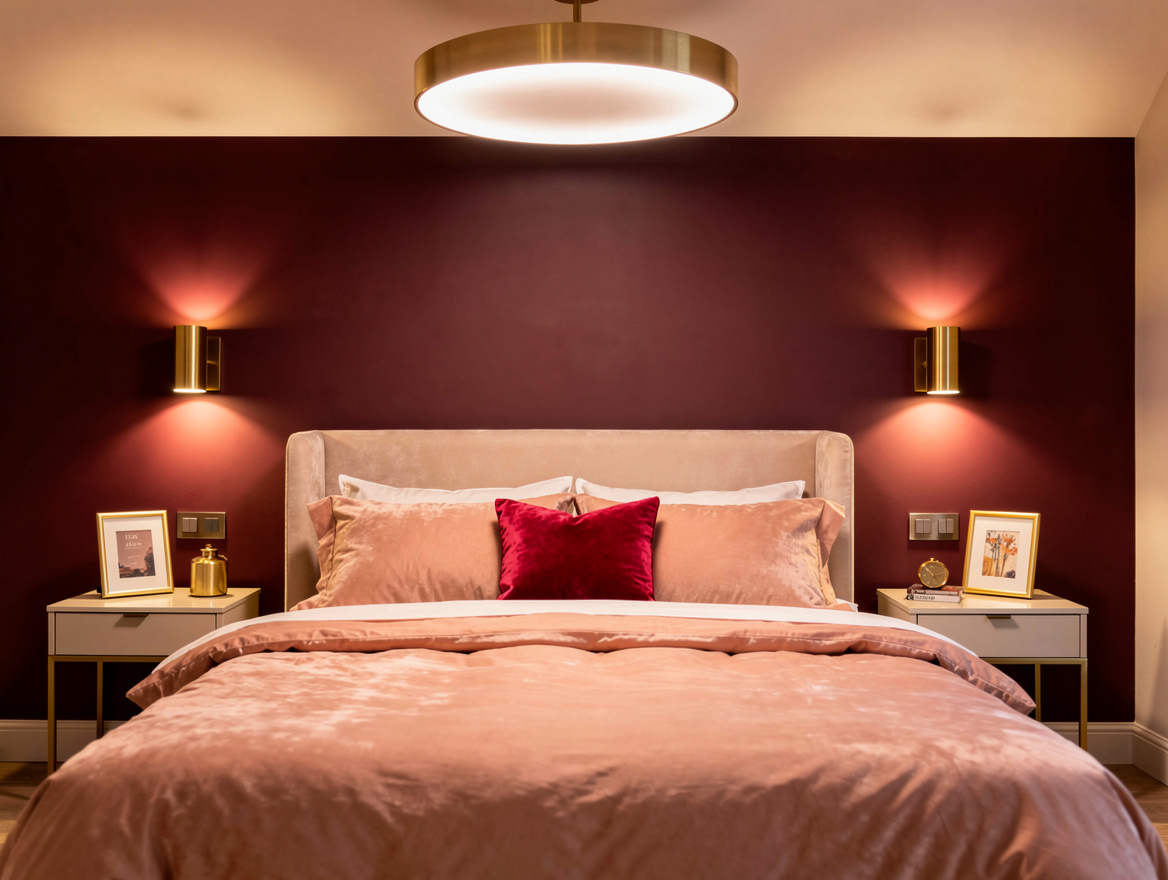 Medium shot of a calm modern bedroom with matching bedside sconces using soft am