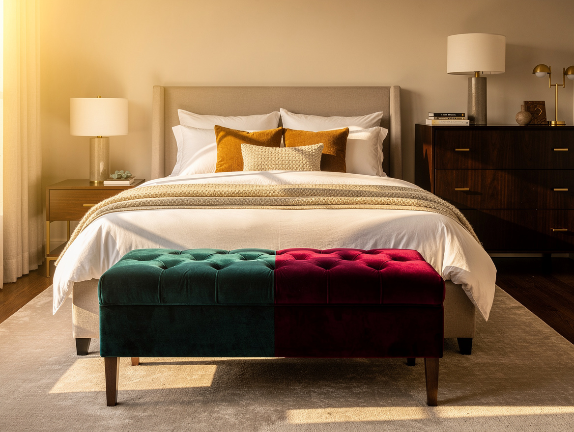 Medium-angle editorial photograph of a queen bedroom showing proper end-of-bed b