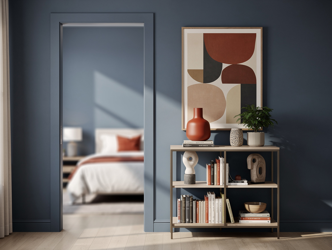 Medium shot of a bedroom doorway with a low 11-inch-deep bookcase beside it, fra