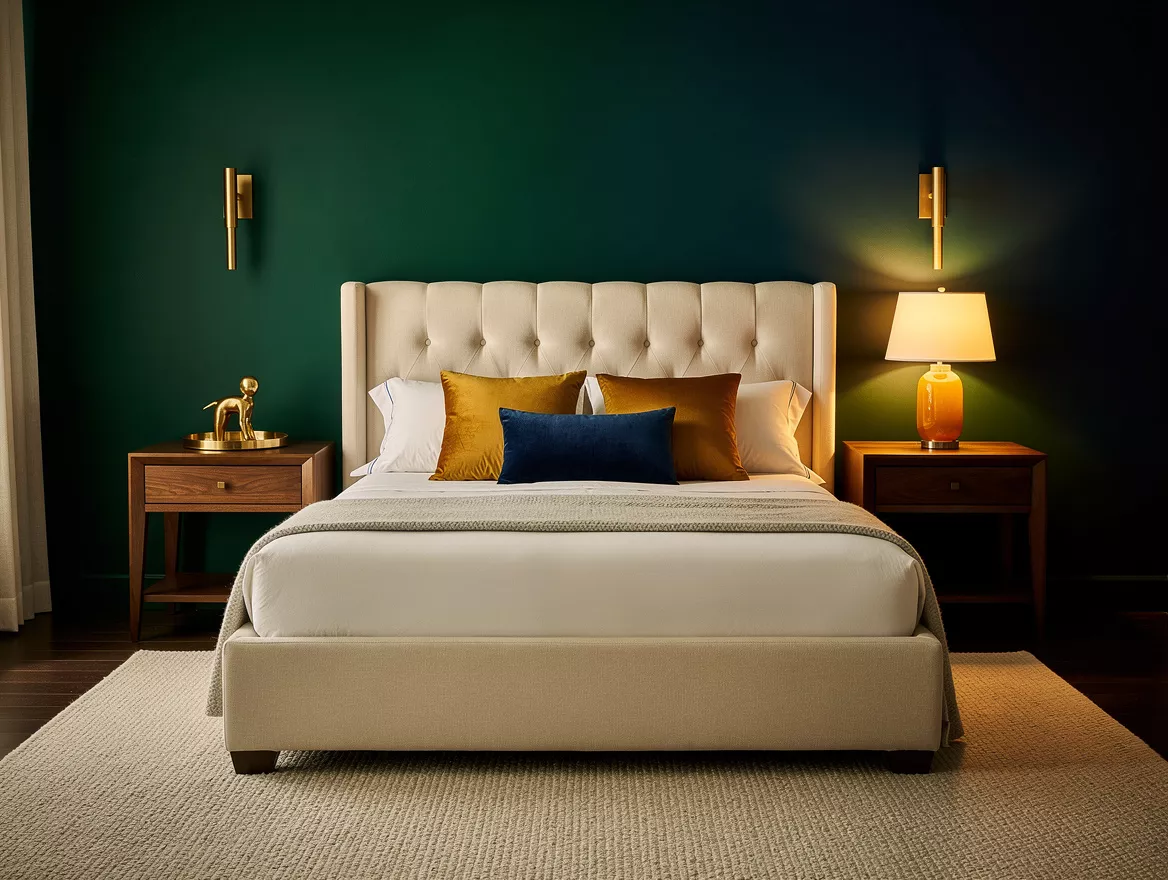 Medium view editorial photograph of a cream upholstered bed with matching espres