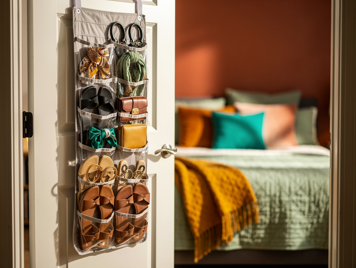 Medium-shot realistic photograph of an open closet door with a clear 24-pocket o