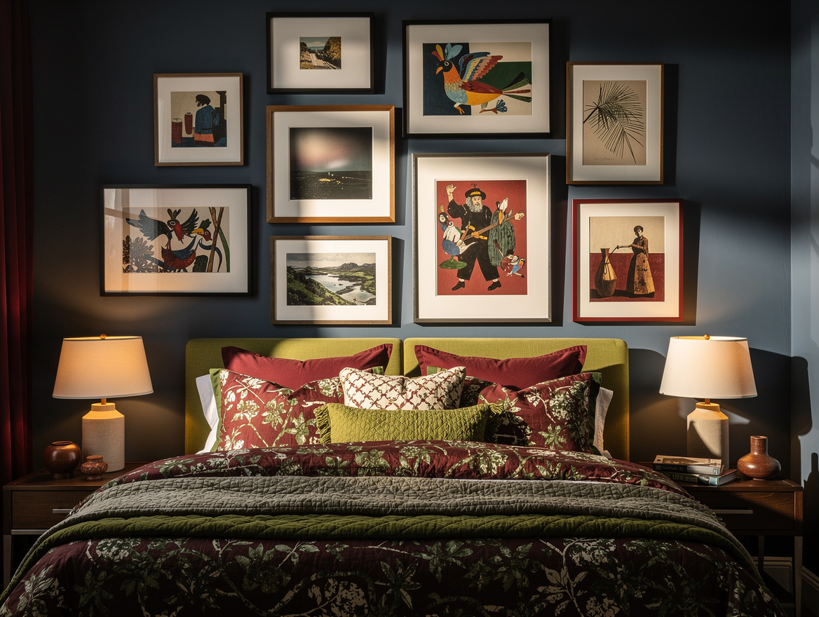 Medium-shot editorial photo of a queen bed beneath a layered salon-style gallery