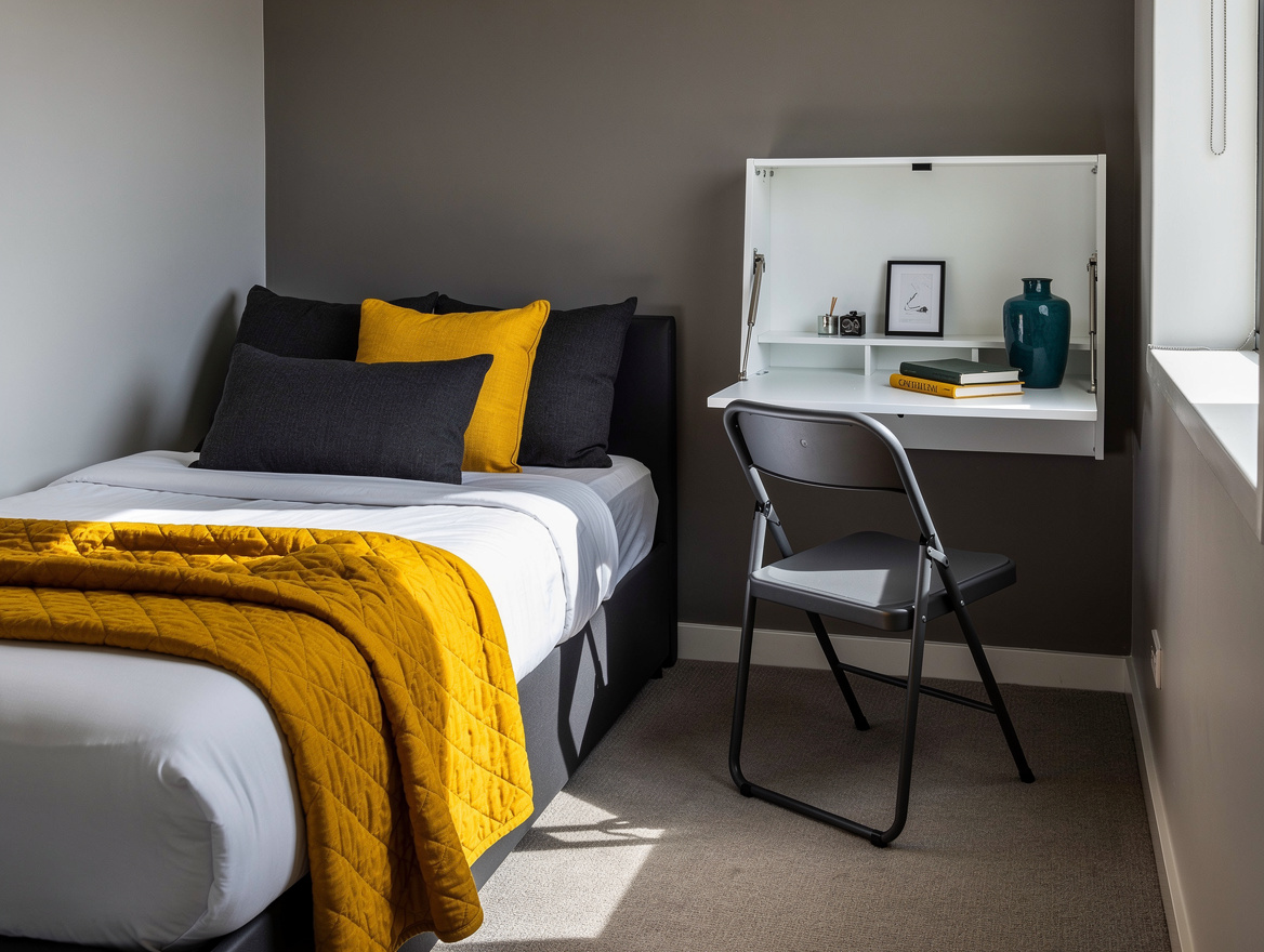 Medium-angle editorial photo of a narrow guest bedroom with a daybed on the long