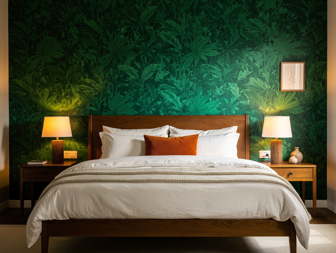 Medium shot of a primary bedroom with botanical silk-look wallpaper behind the b