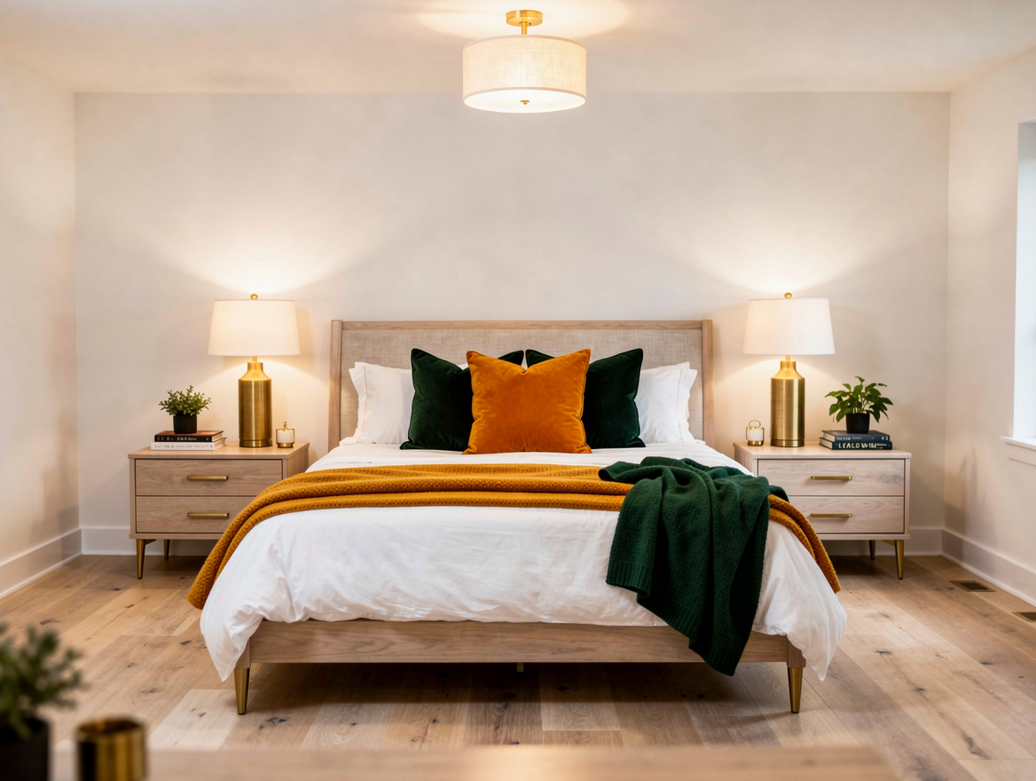 Medium-angle photo of a contemporary bedroom with pale wood, white walls, matchi