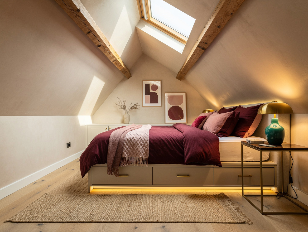 Medium-angle photo of an attic guest room showing a low bed beneath a slope and