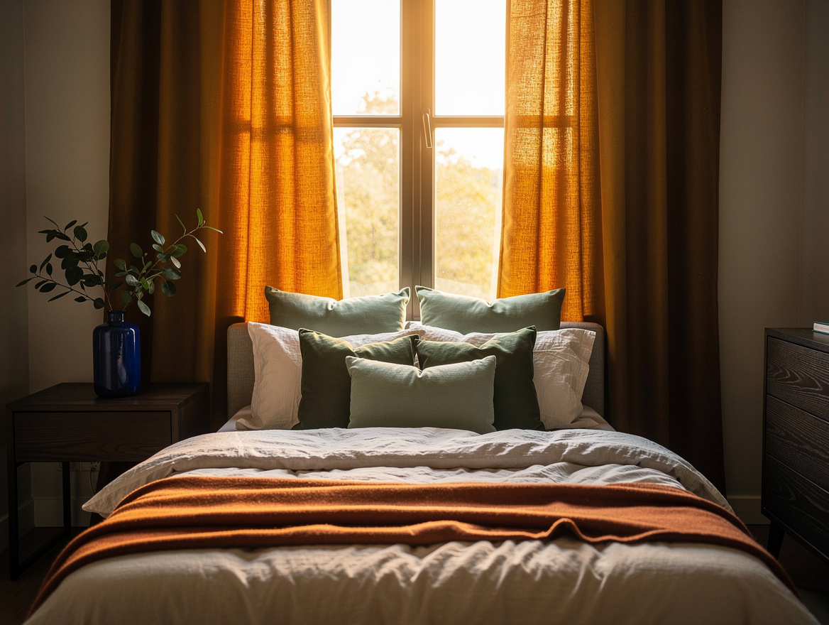 Medium shot of a bedroom window framed by muted ochre blackout curtains, dark oa