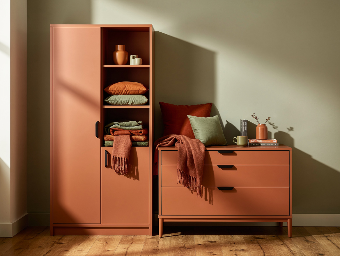Medium shot of a narrow bedroom wall with a 12-inch-deep tall cabinet beside a l