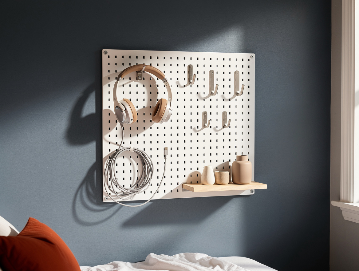 Medium-angle photo of a small bedroom wall with a white pegboard organized with