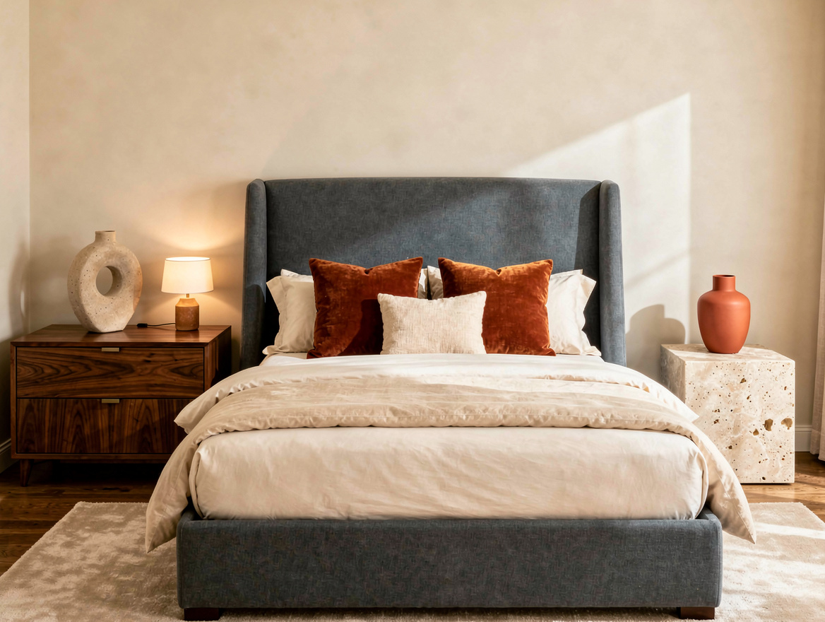 Medium-angle editorial bedroom photo showing an upholstered bed with asymmetrica