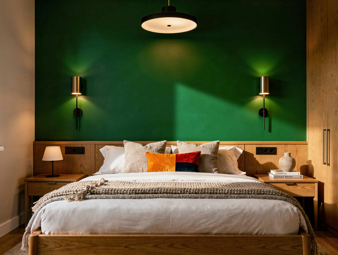 Medium shot of a small bedroom with a low-profile semi-flush ceiling fixture and