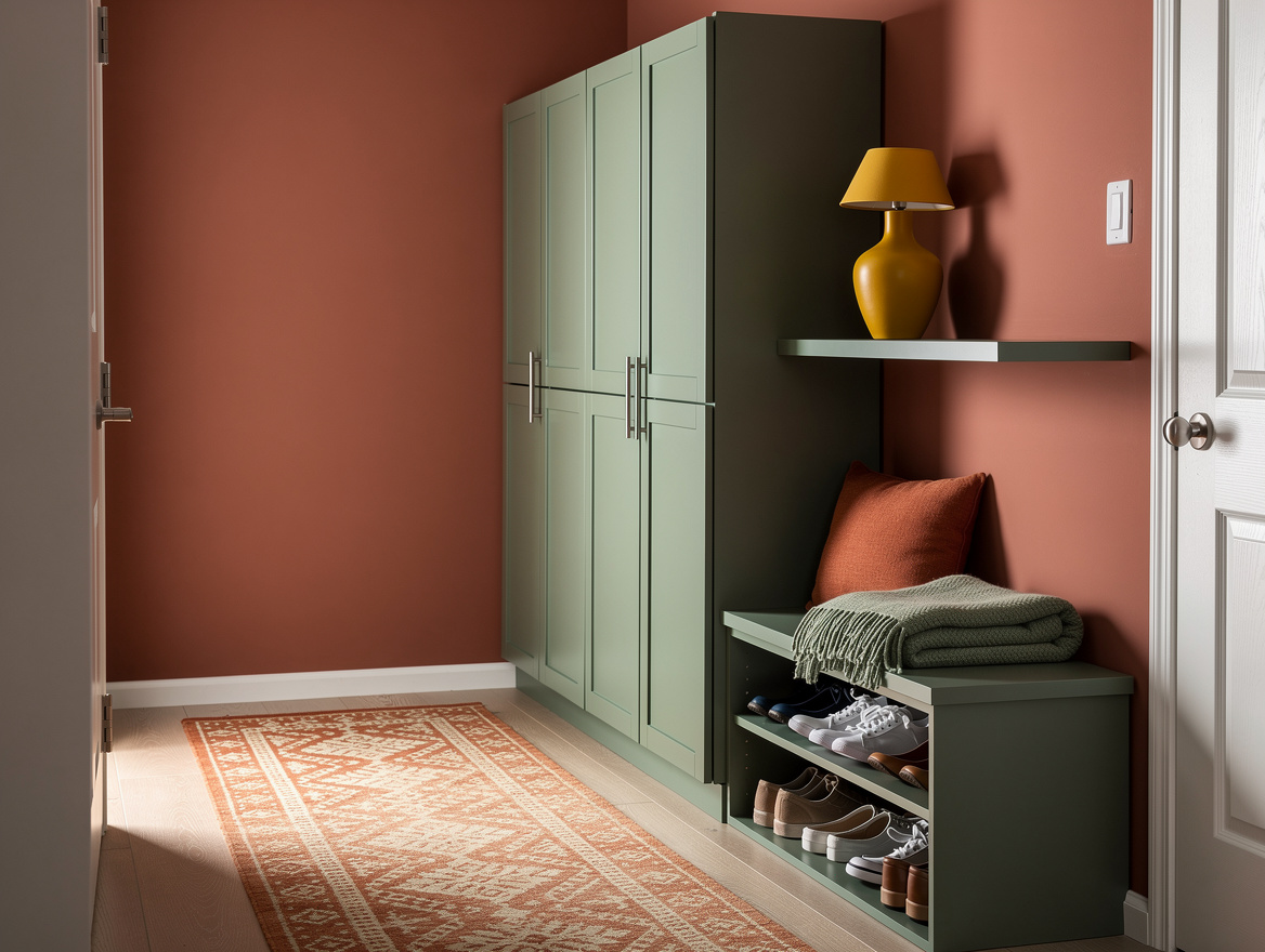 Realistic medium-shot photo of a compact hallway entry with a 12-inch-deep wall-