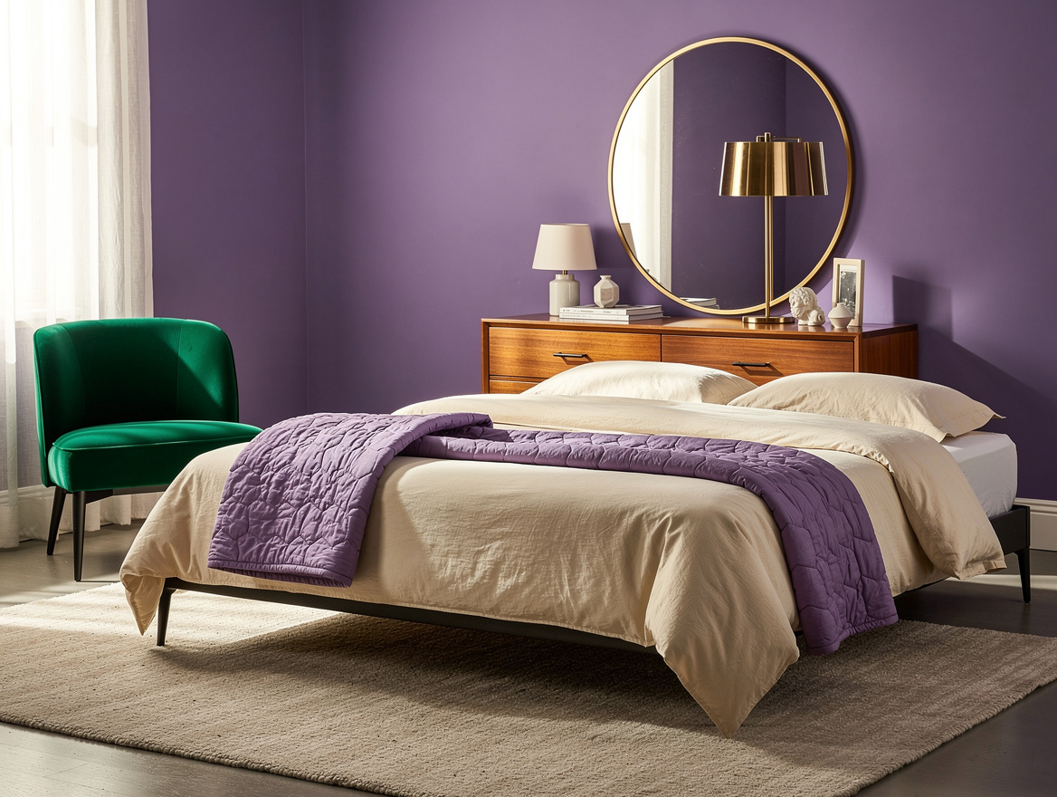 Medium-view editorial photograph of lavender bedroom bed with cream duvet, one l