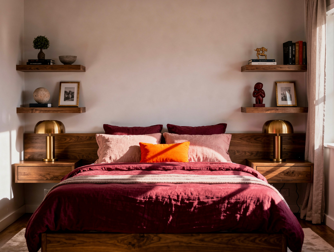 Medium-view photo of a small bedroom with matching floating shelves on both side