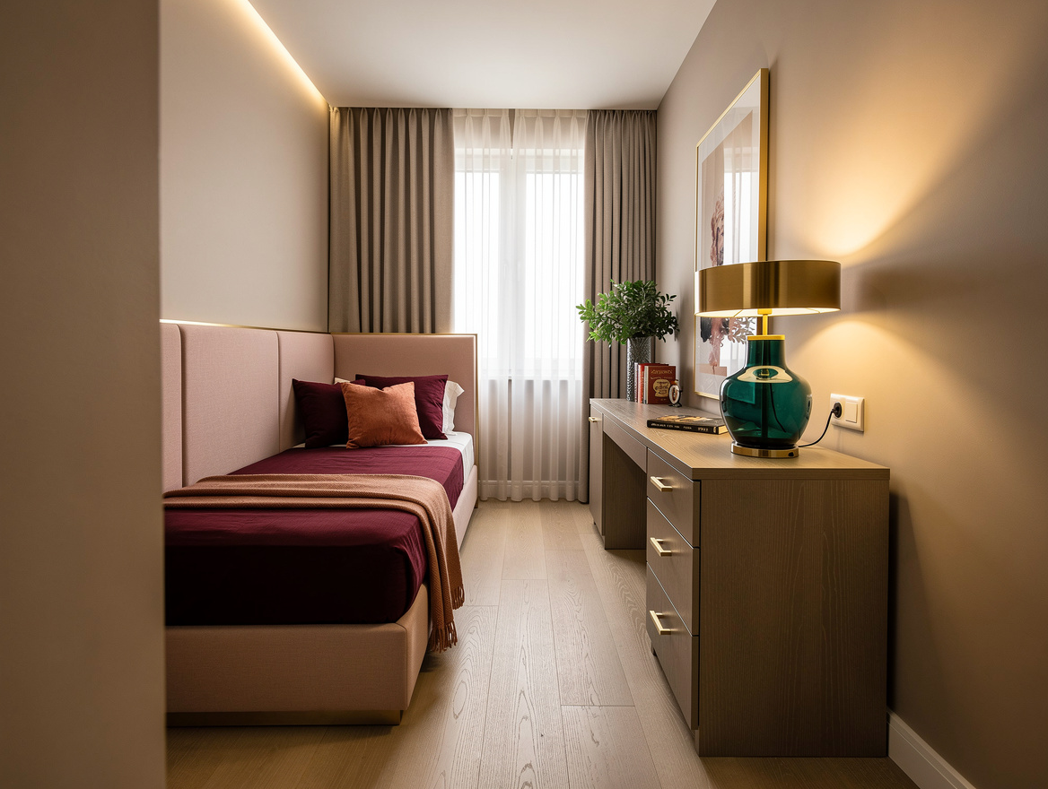 Medium-angle editorial photo of a narrow bedroom with bed against a long wall an