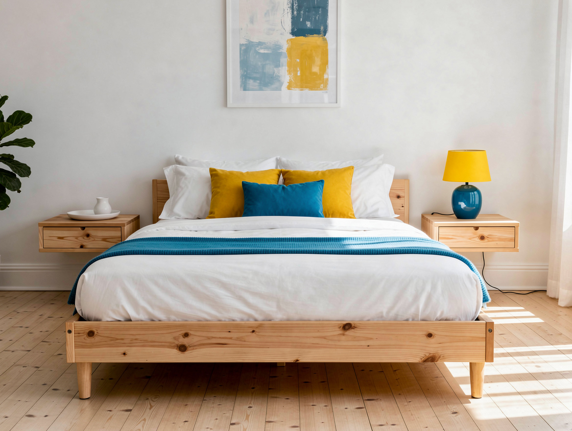 Medium-view editorial photo of a compact Scandinavian bedroom with low pine bed,