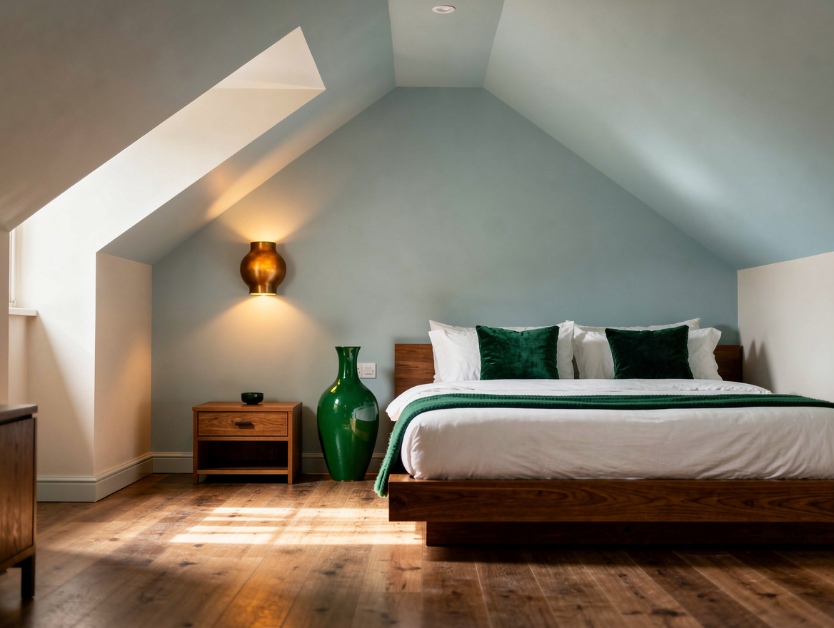 Medium-view editorial photo of a compact sloped-ceiling bedroom with a low bed,