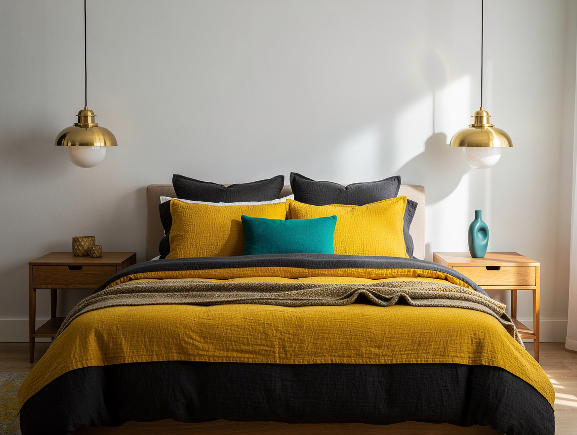 Medium shot of a queen bed flanked by matching brass and milk glass pendant ligh